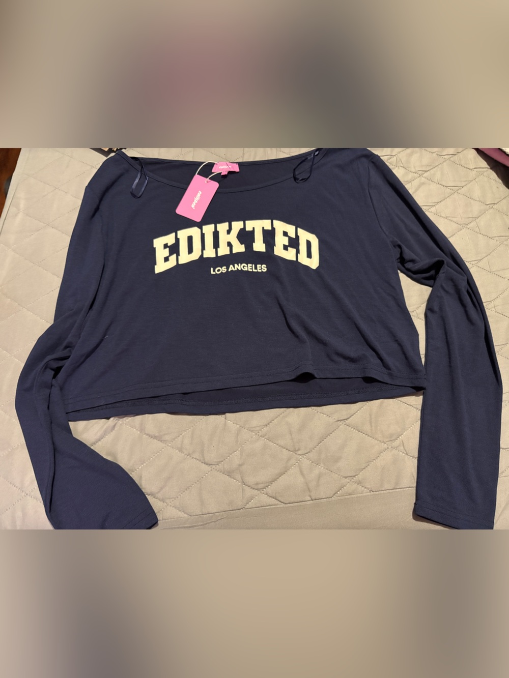 Edikted Navy Top with Cream Los Angeles Logo